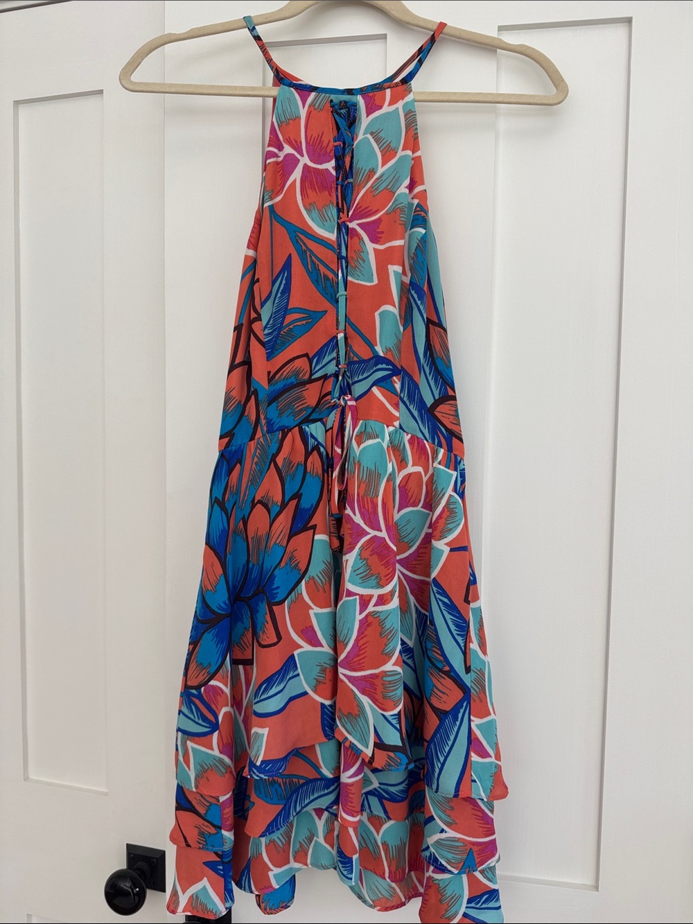 Parker Coral Halter Mini Dress with Blue & Teal Floral Print